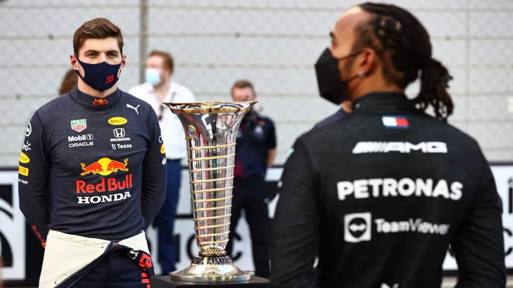 Verstappen and Hamilton 2021 title trophy